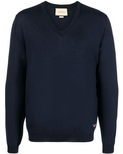 Gucci Horsebit-detail V-neck Jumper - Blue