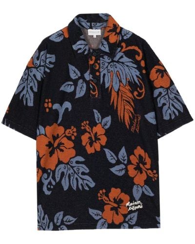Maison Kitsuné Floral-print Towelling-finish Polo Shirt - Blue