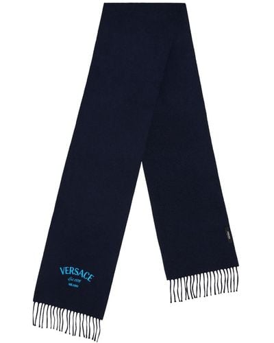 Versace Écharpe en laine à logo brodé - Bleu