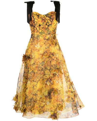 Marchesa Foiled Garden Midi Dress - Yellow