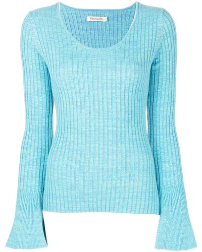 Anna Quan Ribbed-knit Bell-sleeve Top - Blue
