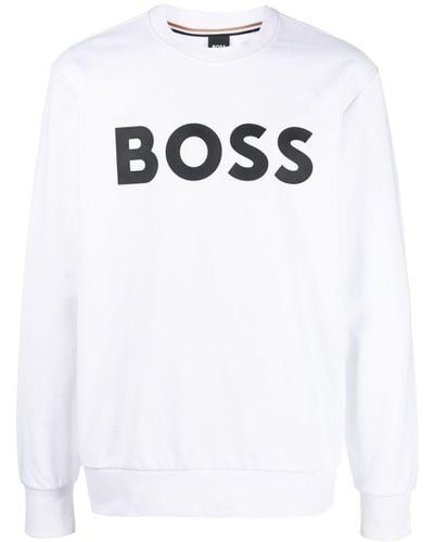 BOSS Flocked-logo Cotton Sweatshirt - White