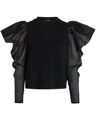 Karl Lagerfeld Tulle-sleeves Ruffled Knit Top - Black