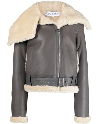 JW Anderson Jacke Fleece-Collar Leather Coat - Gray