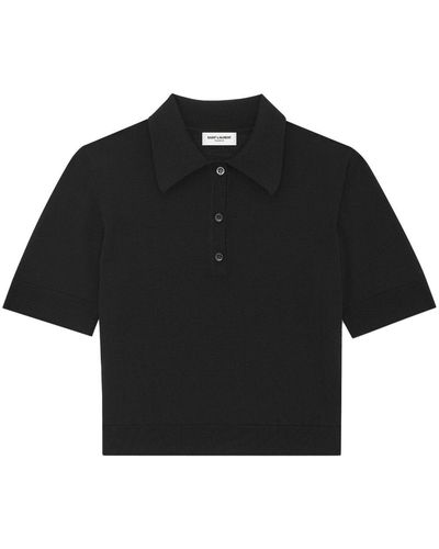 Saint Laurent Cropped Wool Polo Top - Black