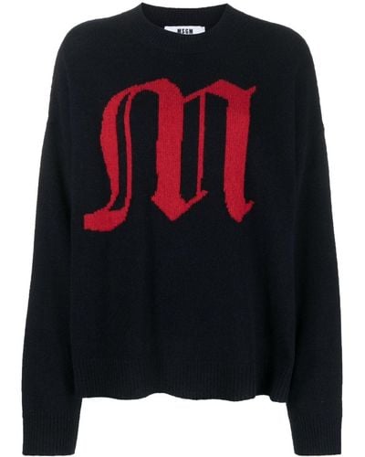 MSGM Intarsia-knit Logo Crew-neck Jumper - Black