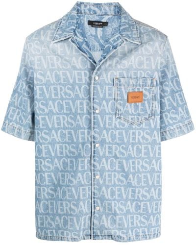 Versace Americana Fit Short Sleeve Denim Shirt - Bleu