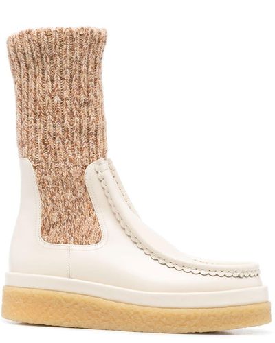 Chloé Sock-detail Leather Boots - Natural
