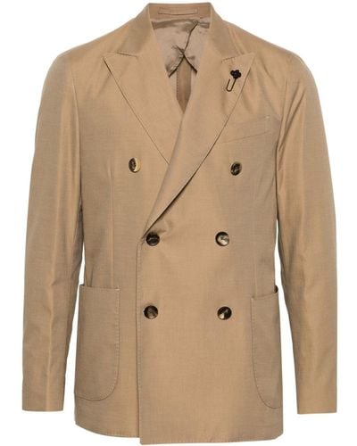 Lardini Brooch-detail Double-breasted Blazer - Natural