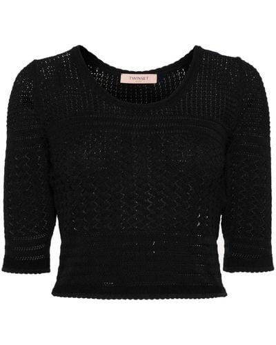 Twin Set Round-neck Crochet-knit Top - Black