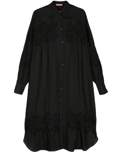 Ermanno Scervino Floral-embroidered Linen Shirt Dress - Black