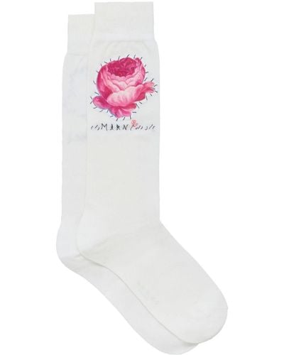 Marni Floral-appliqué Logo-embroidered Socks - White