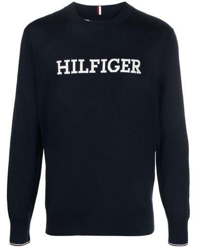 Tommy Hilfiger Logo Intarsia-knit Cotton Sweater - Blue