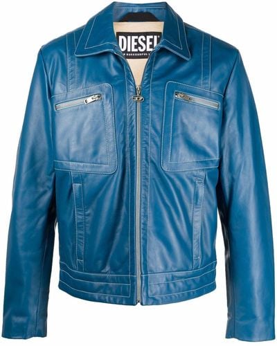 DIESEL Multi-pocket Zip-up Leather Jacket - Blue