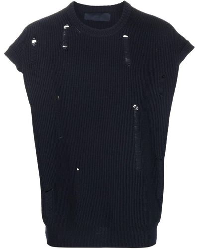 Juun.J Distressed-detail Cap-sleeve Sweater - Blue