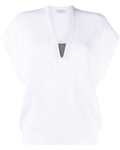 Brunello Cucinelli Vネック ニットtシャツ - ホワイト