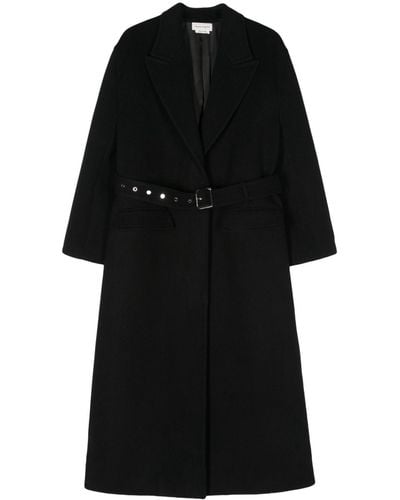 Alexander McQueen Manteau long en laise mélangée à taille ceinturée - Noir