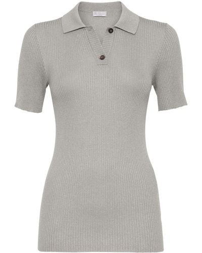 Brunello Cucinelli Short-sleeve Fine-ribbed Polo Top - Grey