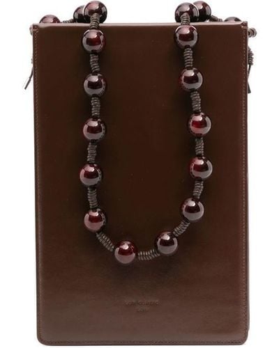 Low Classic Beaded Top Handle Leather Shoulder Bag - Brown