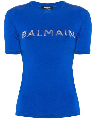 Balmain T-Shirt mit Kristall-Logo - Blau