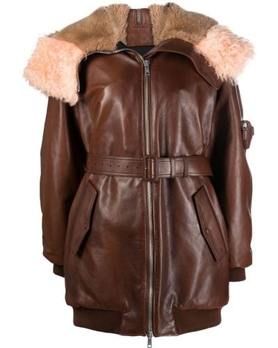 Prada Shearling-trim Zip-up Leather Jacket - Brown