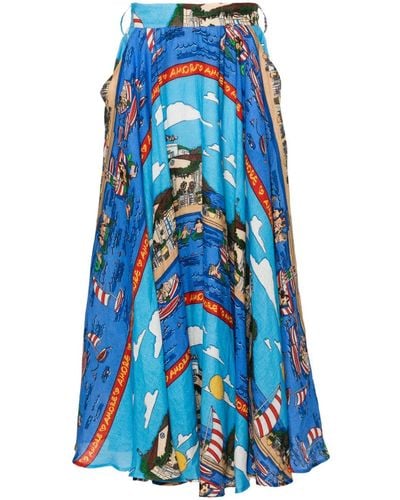 ALESSANDRO ENRIQUEZ St. Marzamemi-print Linen Skirt - Blauw
