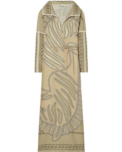 Tory Burch Abstract-pattern Linen Kaftan Dress - Natural