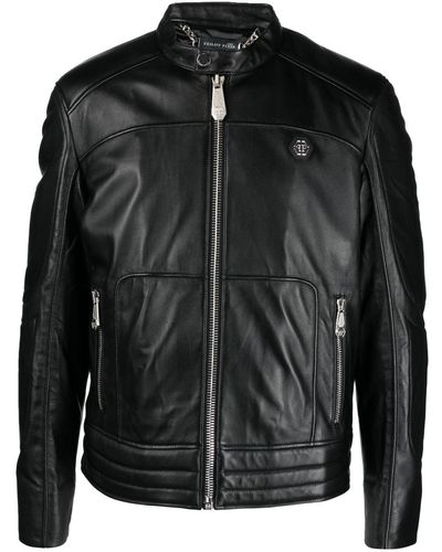 Philipp Plein Padded Leather Biker Jacket - Black