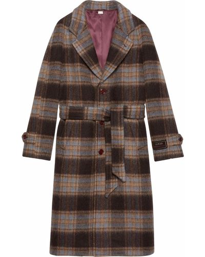Gucci Check Wool Logo-patch Coat - Brown