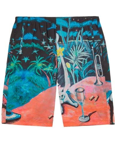 Palm Angels Oil On Canvas Swim Shorts - Blue