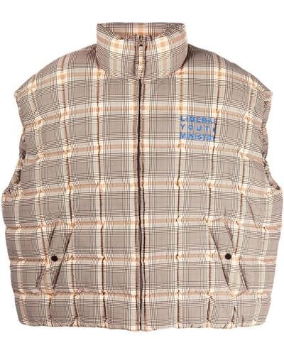 Liberal Youth Ministry Appliqué-lettering Check-pattern Gilet - Natural