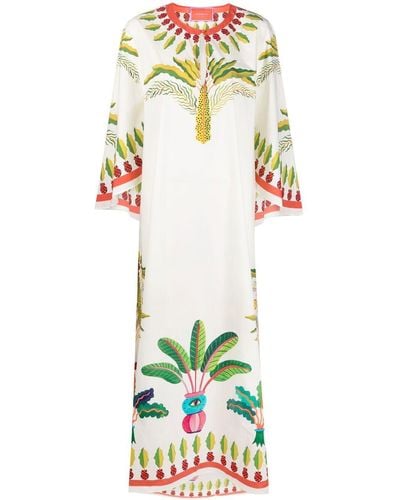 La DoubleJ Flying Palm Tree-print Poplin Kaftan Dress - White
