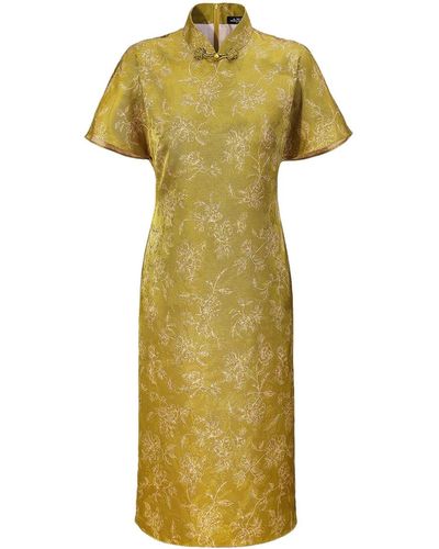 Shanghai Tang Qipao Kleid mit Blumenstickerei - Gelb