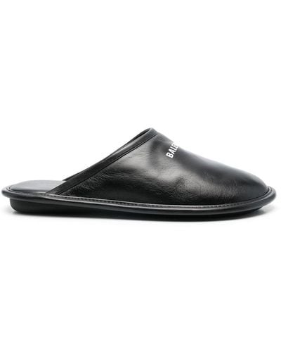 Balenciaga Logo-print Leather Slippers - Black