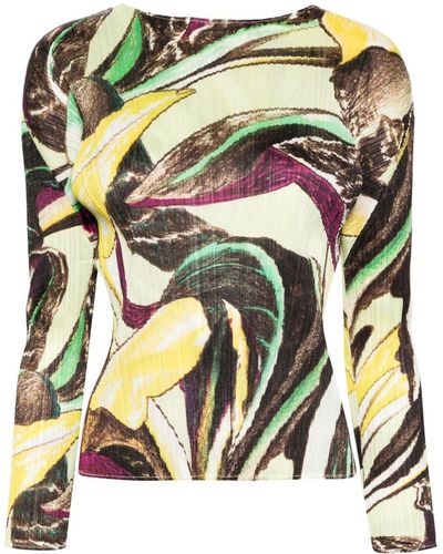 Pleats Please Issey Miyake Abstract-print Plissé Blouse - Green