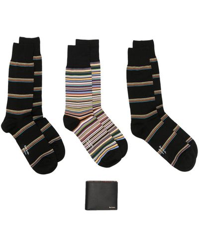 Paul Smith Set de cuatro pares de calcetines a rayas y cartera - Negro