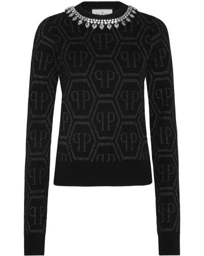 Philipp Plein Kristallverzierter Pullover mit Monogramm - Schwarz