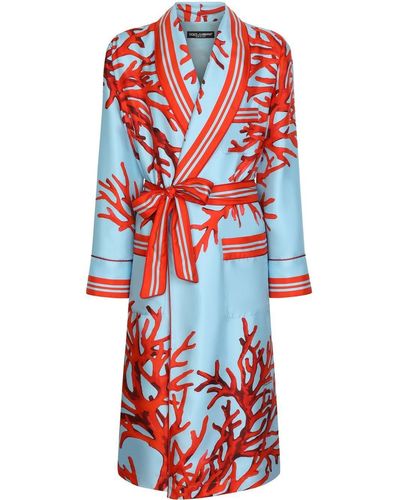 Dolce & Gabbana Silk Coral-print Robe - Blue