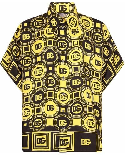 Dolce & Gabbana Silk Hawaiian Shirt With All-over Dg Print - Yellow