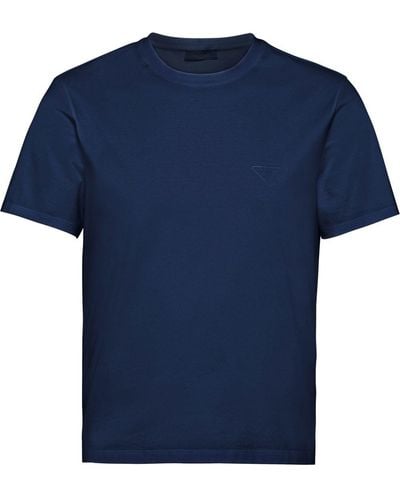 Prada Camiseta con logo bordado y cuello redondo - Azul