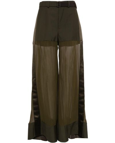 Sacai High-waisted Belted Silk Pants - Green
