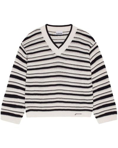 Ganni Striped Open-knit Jumper - Grey