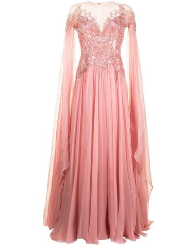 Zuhair Murad Embellished Flyaway Chiffon Cape Gown - Pink