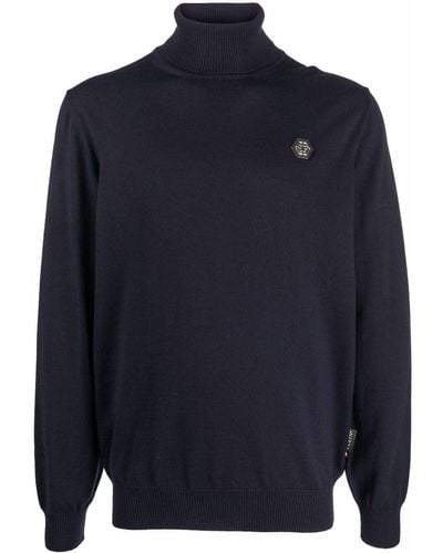 Philipp Plein Merino Roll-neck Logo Sweater - Blue