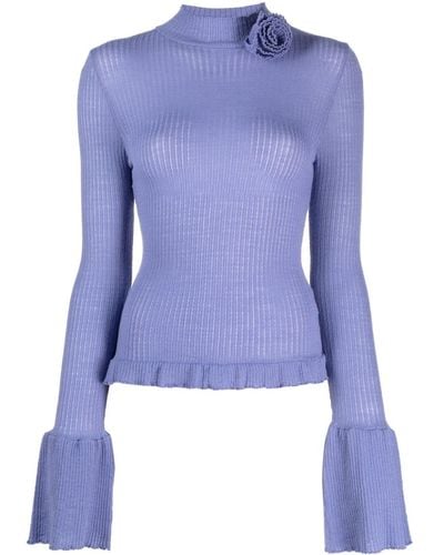 Blumarine Ruffle-detailing Ribbed-knit Sweater - Blue