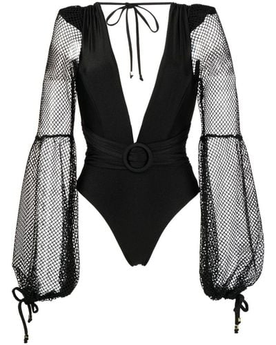 PATBO V-neck Netted-sleeves Swimsuit - Black