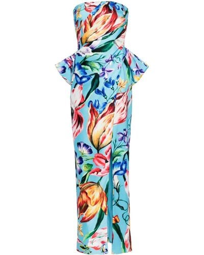 Marchesa Schulterfreies Mikado Abendkleid mit Blumen-Print - Blau