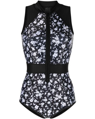 Duskii Floral-print Zip-up Swimsuit - Black
