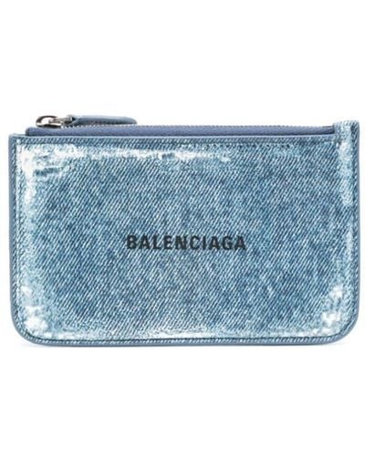 Balenciaga Denim-printed Leather Wallet - Blue