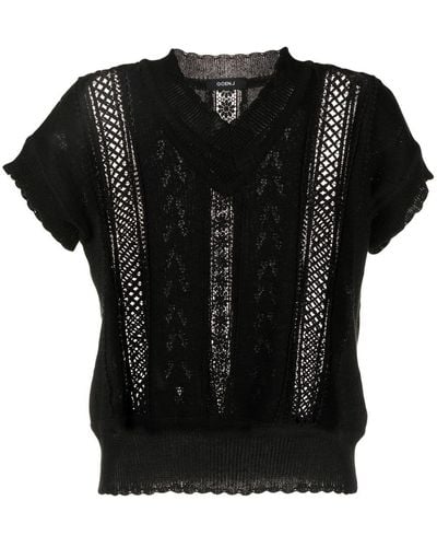 Goen.J V-neck Embroidered Knitted Top - Black